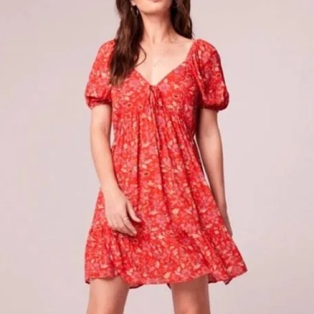 NWT Band of the Free Crimson Floral Mini Dress w/ Puff Sleeves & Tassel Ties